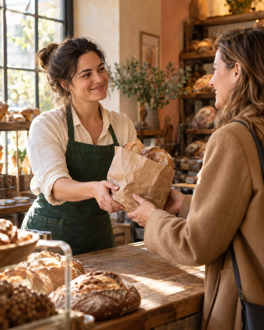 A bakery owner hands a customer a bag of bread across the counter, both smiling