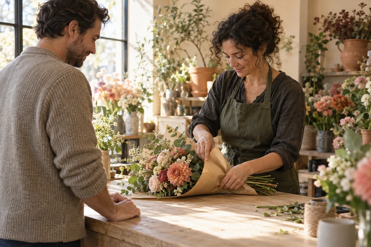 A florist wrapping a bouquet while a customer waits at the counter