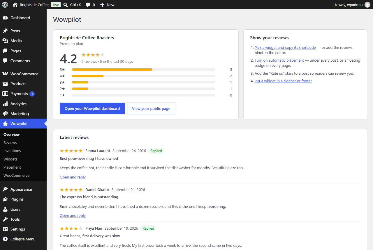 The Wowpilot panel inside the WordPress admin, showing a 4.2 rating, the star breakdown and the latest reviews.