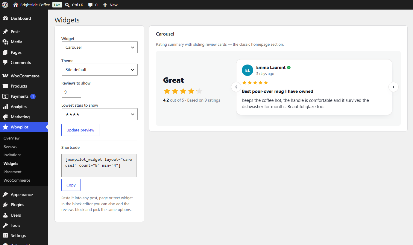 The widget builder: a layout picker on the left and a live preview of the chosen widget on the right.