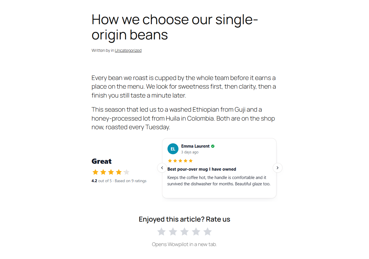A blog post with a review carousel and Rate us stars placed automatically beneath the article.