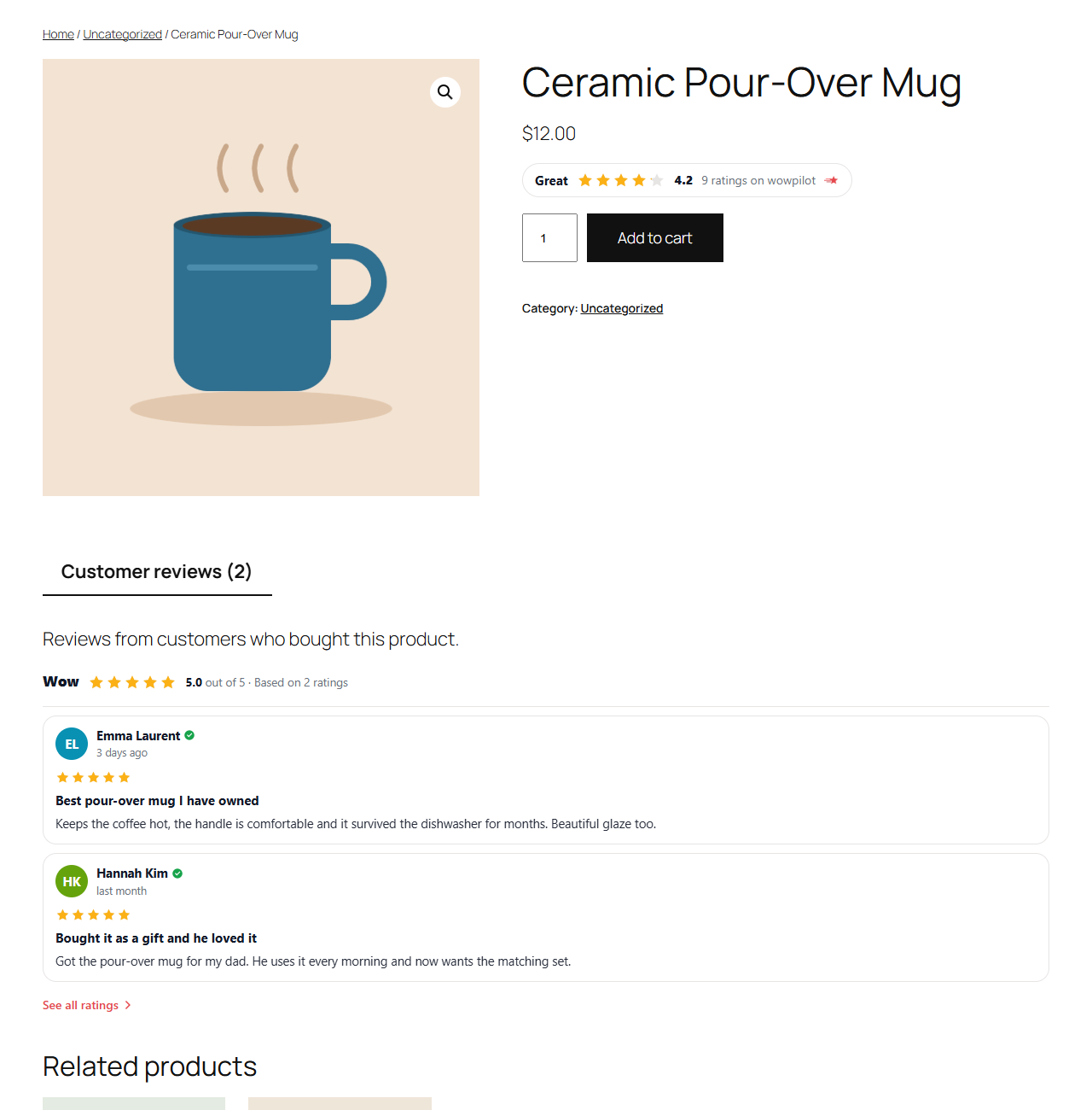A WooCommerce product page with the rating under the price and a Customer reviews tab.