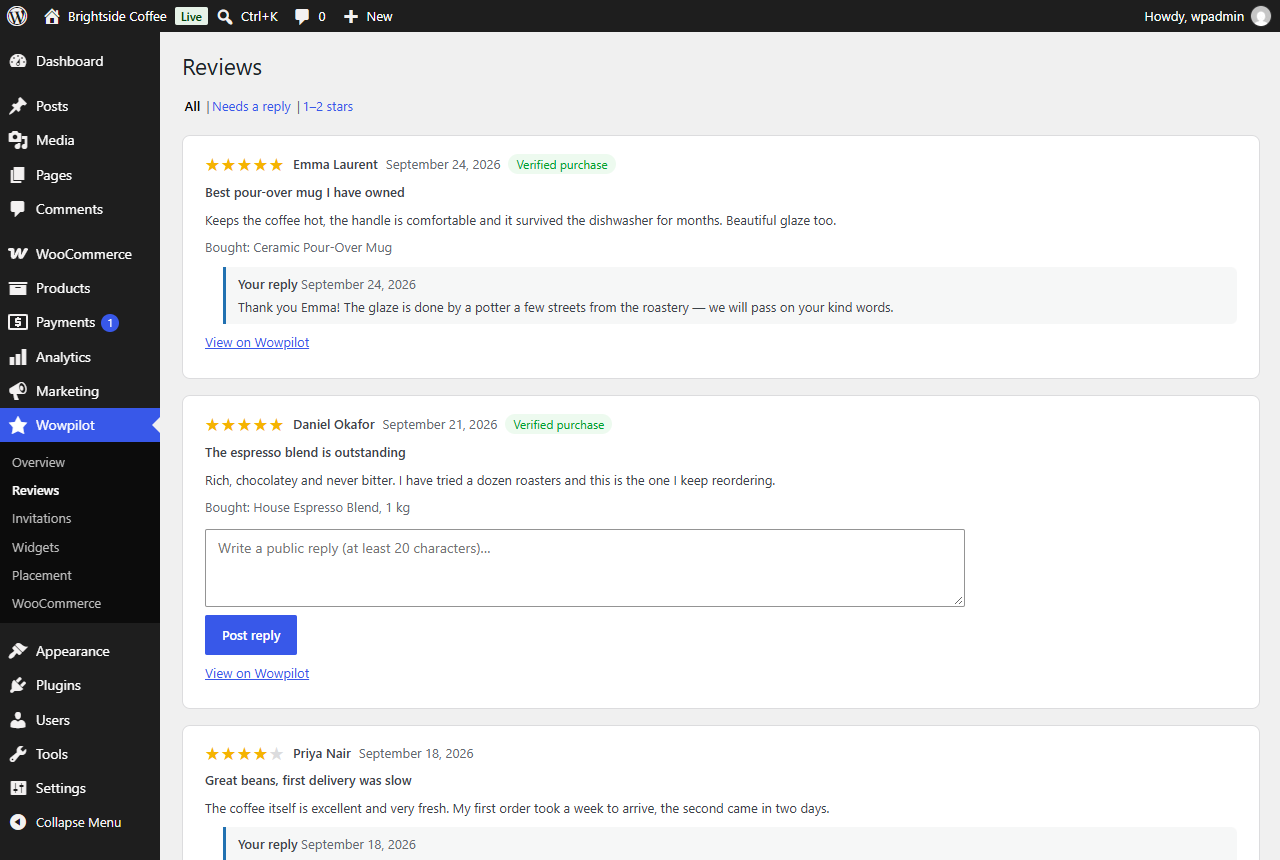 The reviews inbox inside WordPress, showing a review, what was bought, and a reply box.
