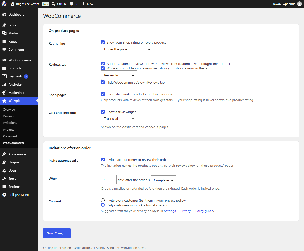 WooCommerce settings: product page placements, cart and checkout, and invitations after an order.